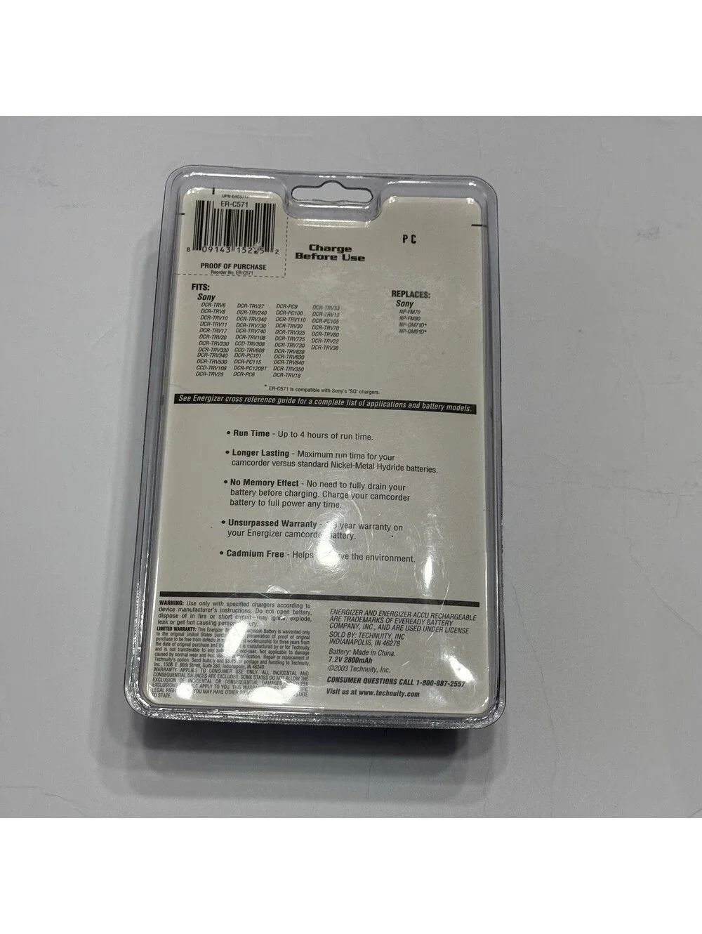 Energizer Lithium Ion Camcorder Battery Model (ER-C571) Brand New Sealed Package